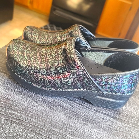 Dansko clogs black fluorescent floral lace nursing shoes. - Picture 3 of 4